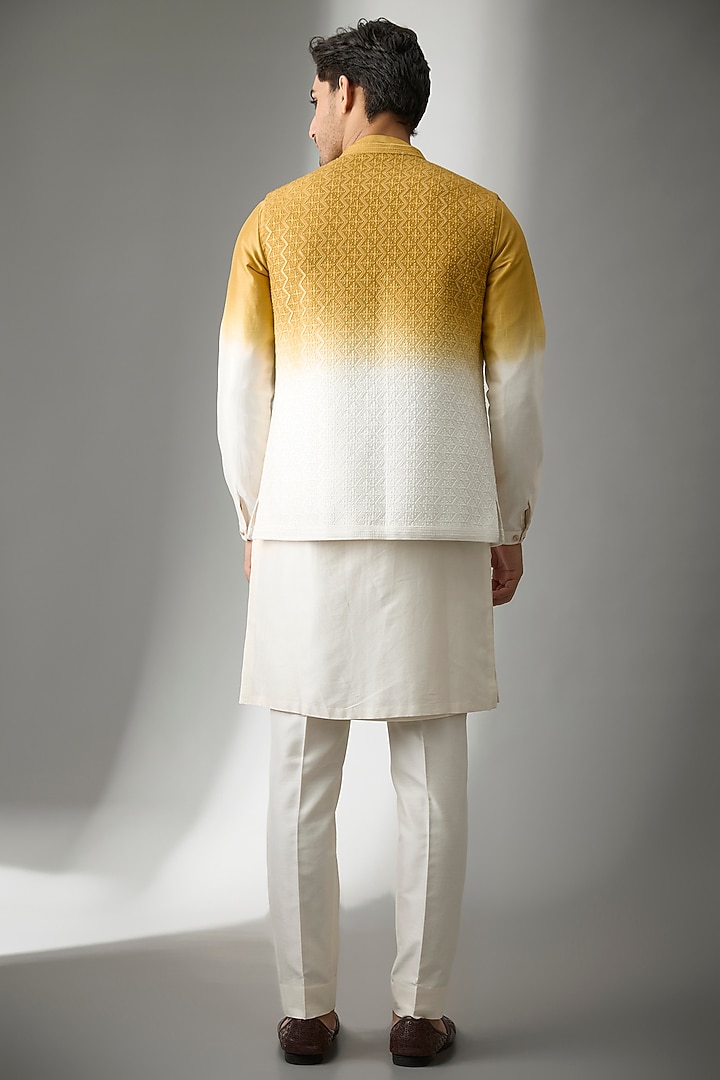 Yellow & Ivory Ombre Dola Silk Sequins Embellished Nehru Jacket Set by SALIL BHATIA at Pernia's Pop Up Shop