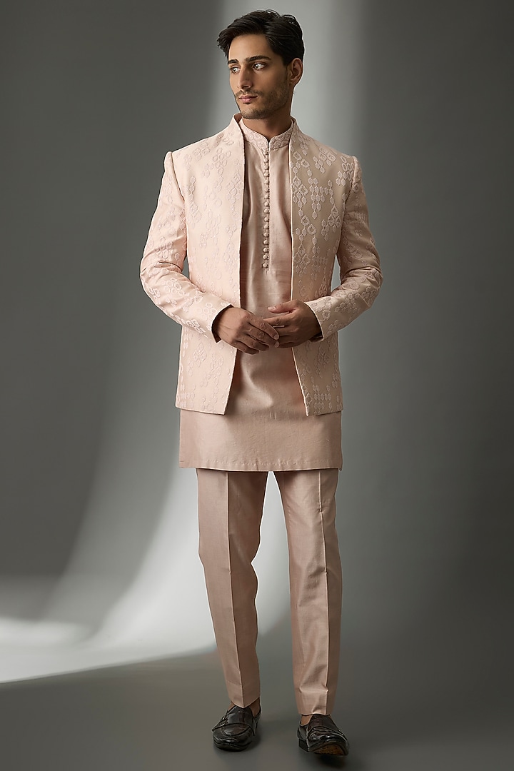 Peach Pink Silk Chanderi Sequins Embellished Indowestern Set by SALIL BHATIA