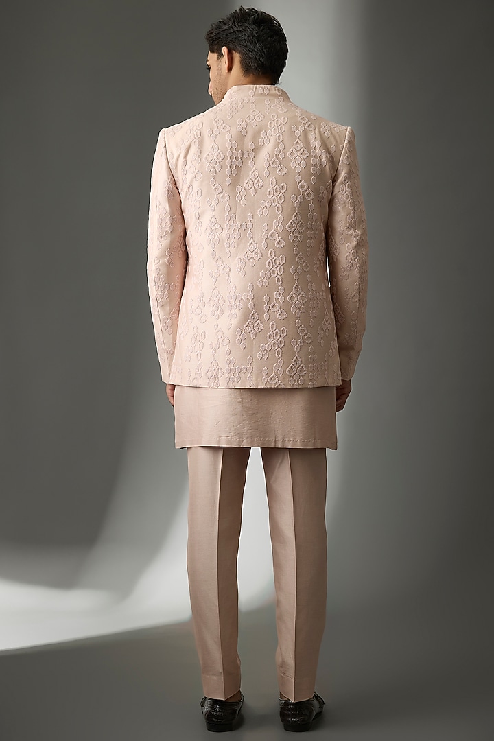 Peach Pink Silk Chanderi Sequins Embellished Wedding Indowestern Set by SALIL BHATIA at Pernia's Pop Up Shop