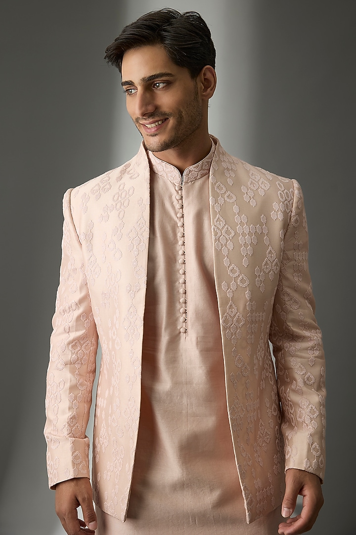 Peach Pink Silk Chanderi Sequins Embellished Wedding Indowestern Set by SALIL BHATIA at Pernia's Pop Up Shop