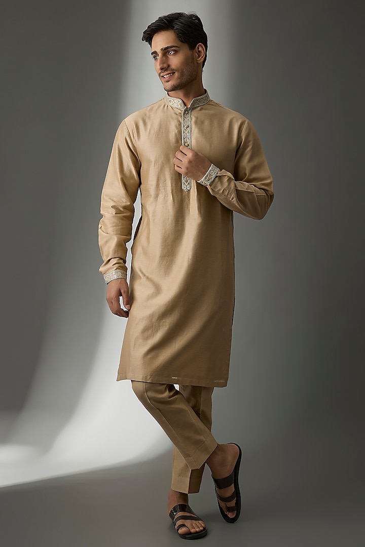 Antique Beige Silk Chanderi Sequins Embellished Kurta Set by SALIL BHATIA