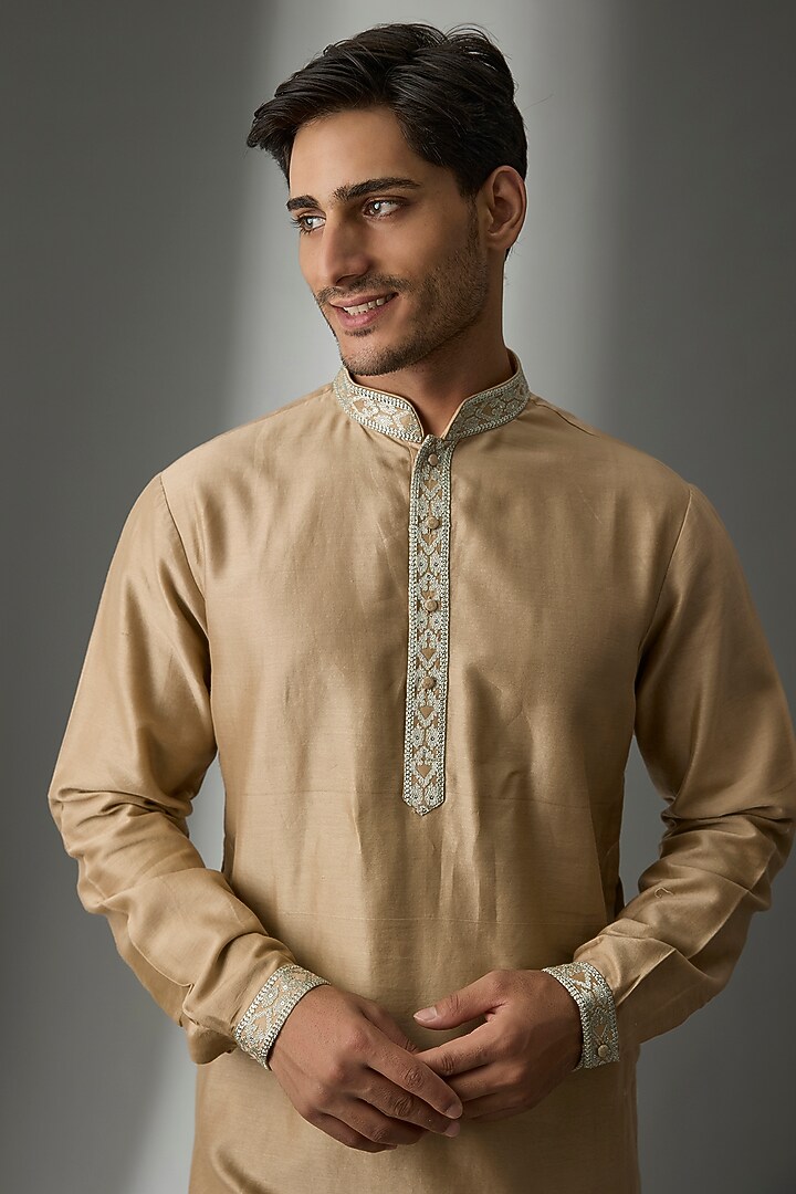 Antique Beige Silk Chanderi Sequins Embellished Kurta Set by SALIL BHATIA at Pernia's Pop Up Shop