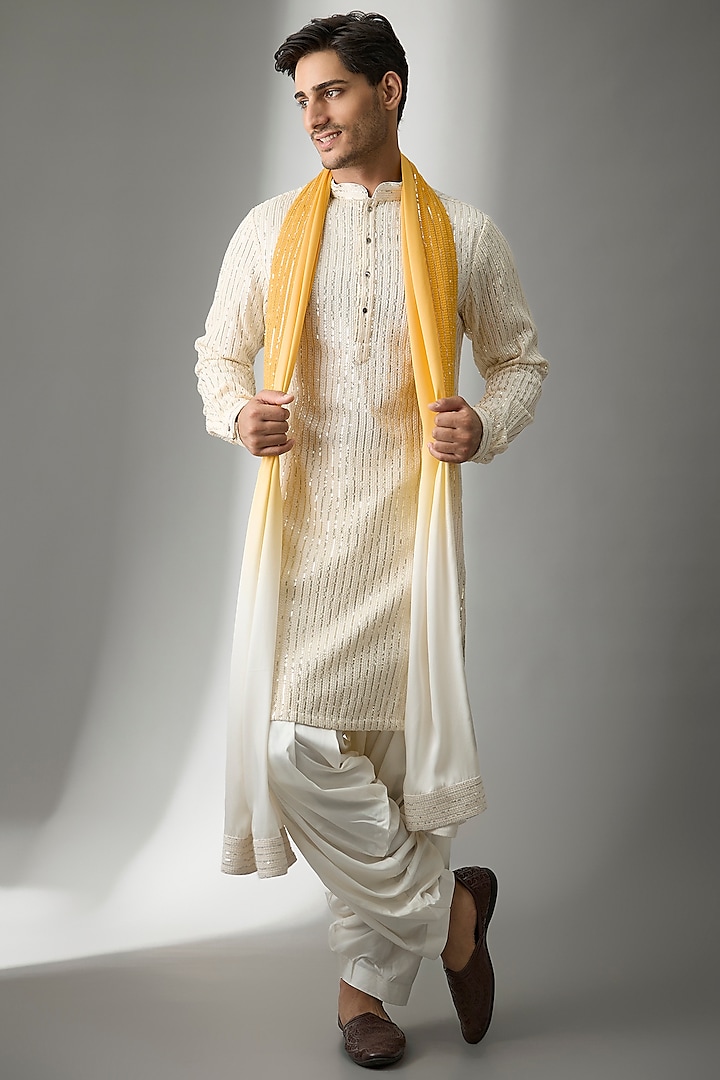 Ivory Georgette Thread Work Kurta Set by SALIL BHATIA