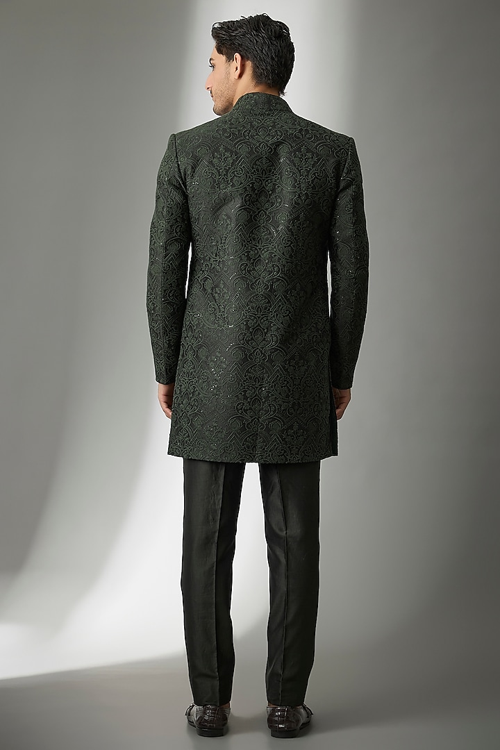 Dark Green Silk Chanderi Sequins Embellished Wedding Indowestern Set by SALIL BHATIA at Pernia's Pop Up Shop