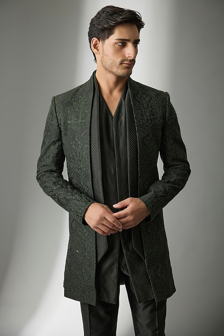 Dark Green Silk Chanderi Sequins Embellished Wedding Indowestern Set by SALIL BHATIA at Pernia's Pop Up Shop