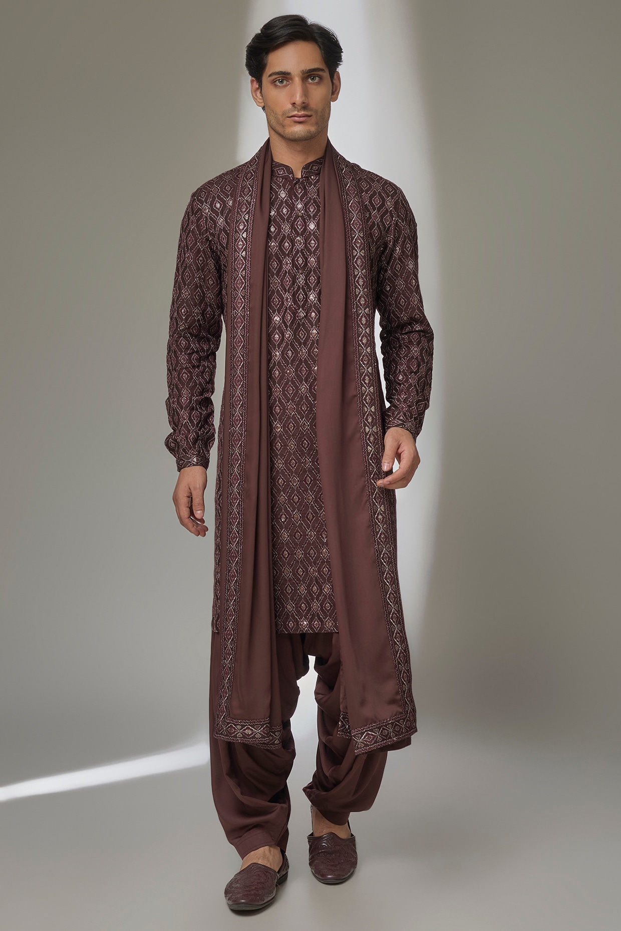 SALIL BHATIA Espresso Brown Silk Chanderi Zari Embellished Kurta Set