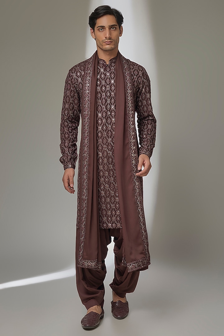 Espresso Brown Silk Chanderi Zari Embellished Kurta Set by SALIL BHATIA at Pernia's Pop Up Shop