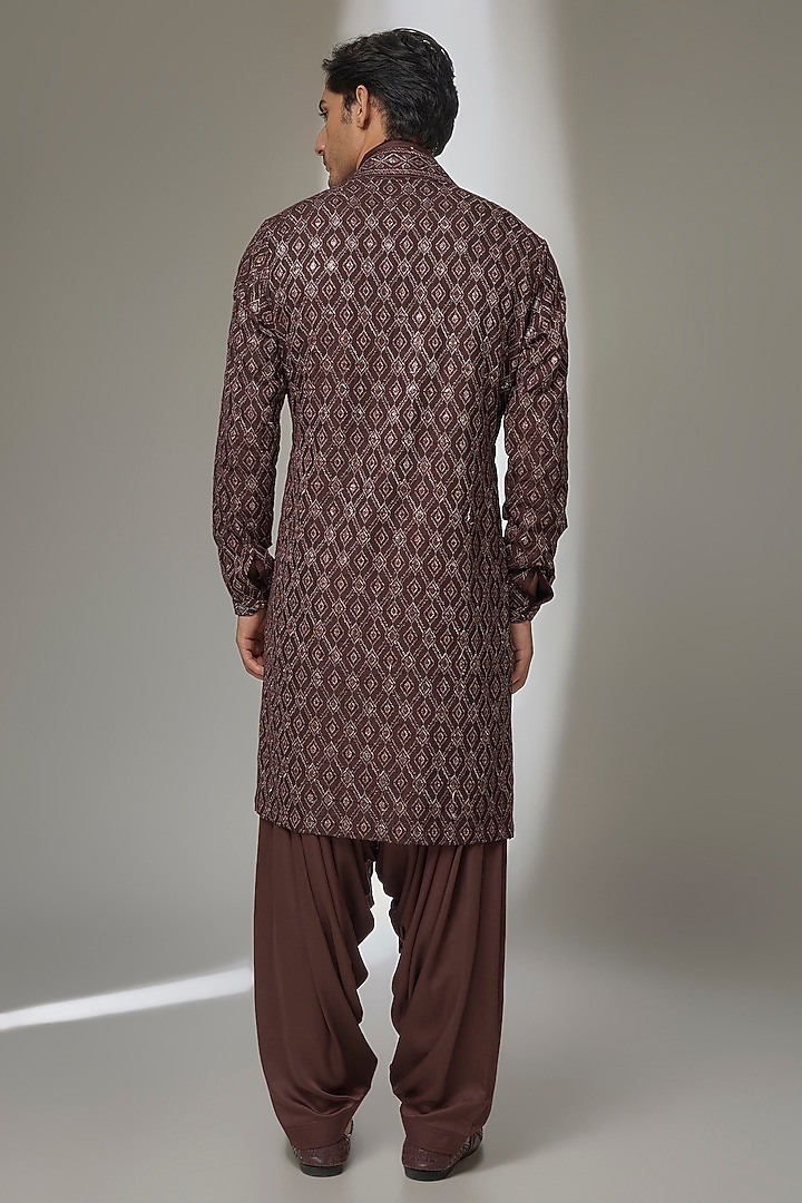 Espresso Brown Silk Chanderi Zari Embellished Kurta Set by SALIL BHATIA at Pernia's Pop Up Shop