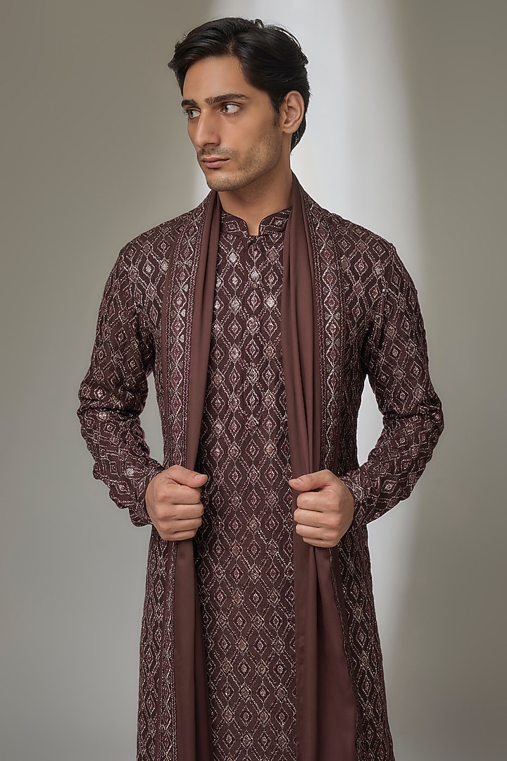 Espresso Brown Silk Chanderi Zari Embellished Kurta Set by SALIL BHATIA at Pernia's Pop Up Shop