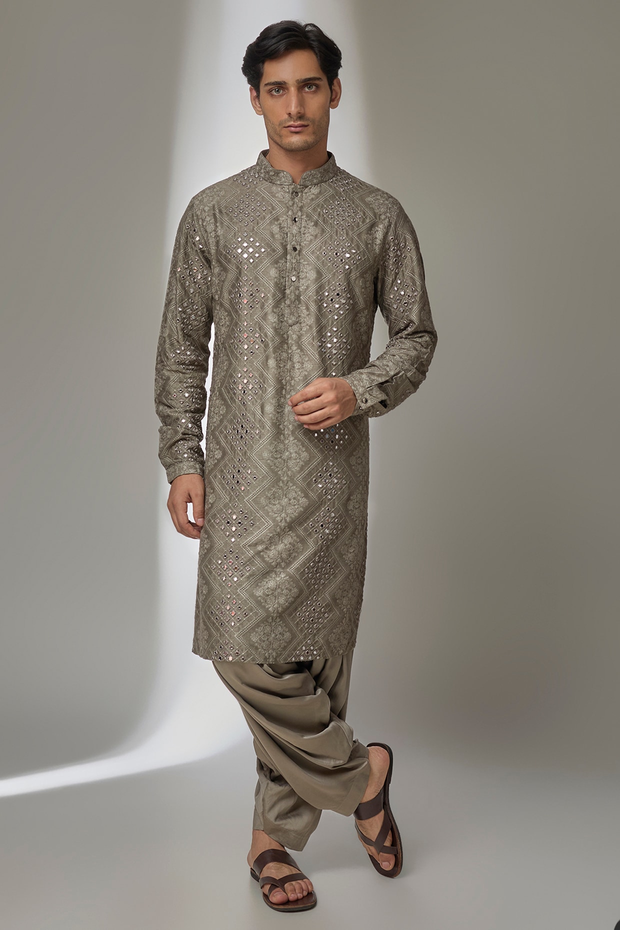 SALIL BHATIA Taupe Dola Silk Mirror Work Kurta Set