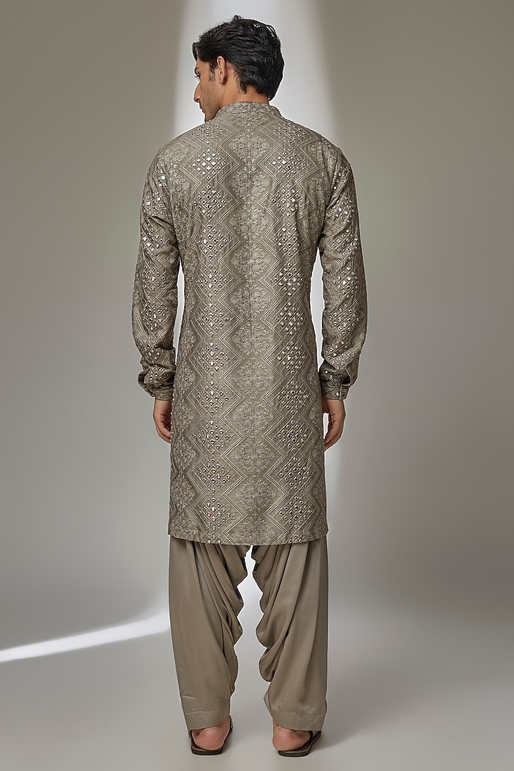 Taupe Dola Silk Mirror Work Kurta Set by SALIL BHATIA at Pernia's Pop Up Shop
