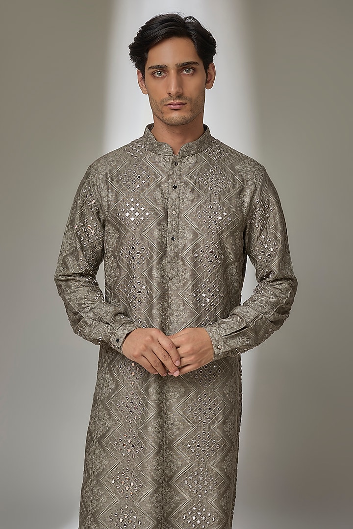 Taupe Dola Silk Mirror Work Kurta Set by SALIL BHATIA at Pernia's Pop Up Shop