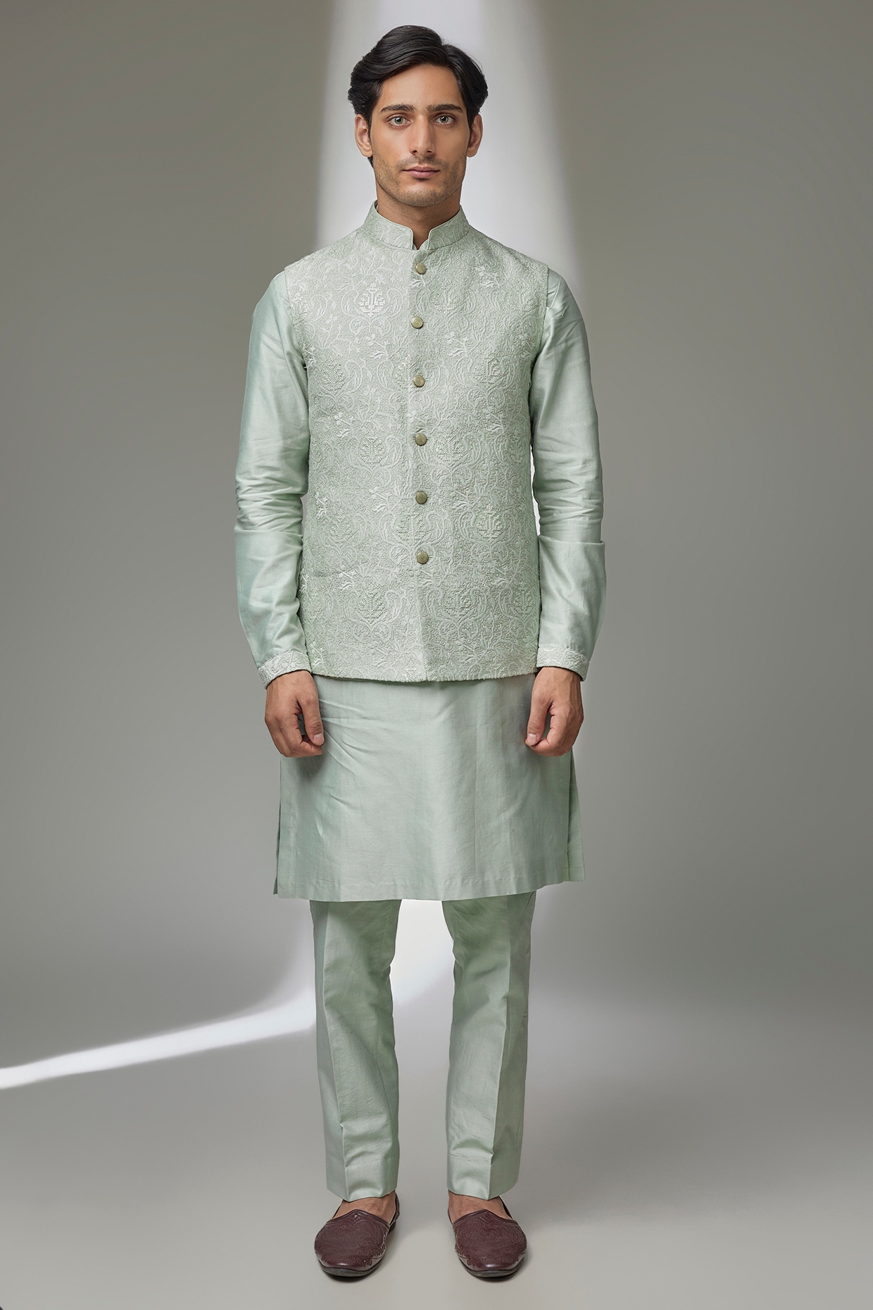 SALIL BHATIA Pista Green Silk Chanderi Zari Embellished Nehru Jacket Set