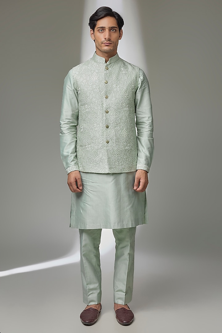 Pista Green Silk Chanderi Zari Embellished Nehru Jacket Set by SALIL BHATIA at Pernia's Pop Up Shop
