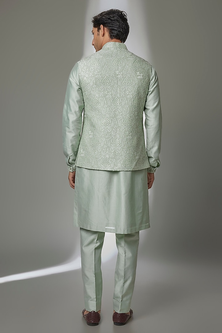 Pista Green Silk Chanderi Zari Embellished Nehru Jacket Set by SALIL BHATIA at Pernia's Pop Up Shop