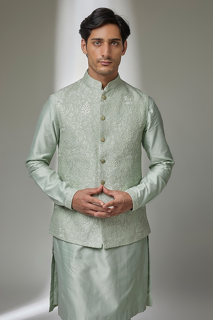 Pista Green Silk Chanderi Zari Embellished Nehru Jacket Set by SALIL BHATIA at Pernia's Pop Up Shop