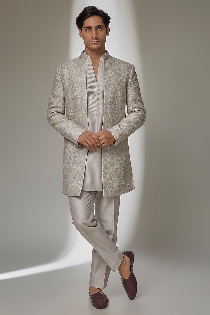 Oyster Beige Dola Silk Zari Embellished Indowestern Set by SALIL BHATIA at Pernia's Pop Up Shop