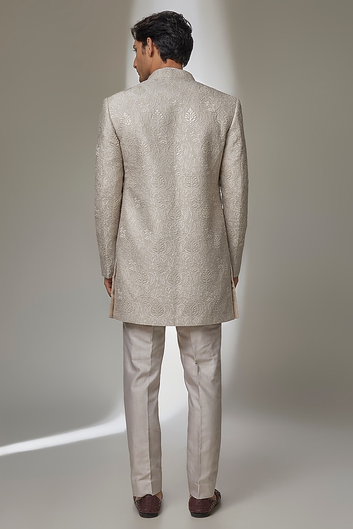 Oyster Beige Silk Chanderi Zari Embellished Nehru Jacket Set by SALIL BHATIA at Pernia's Pop Up Shop