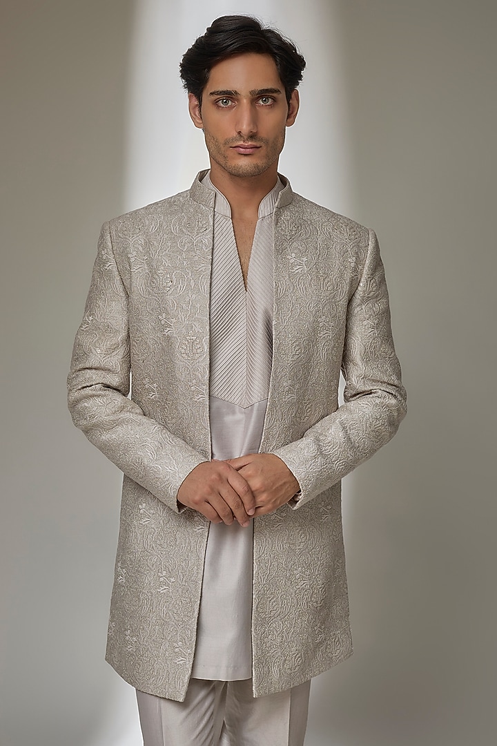 Oyster Beige Silk Chanderi Zari Embellished Nehru Jacket Set by SALIL BHATIA at Pernia's Pop Up Shop