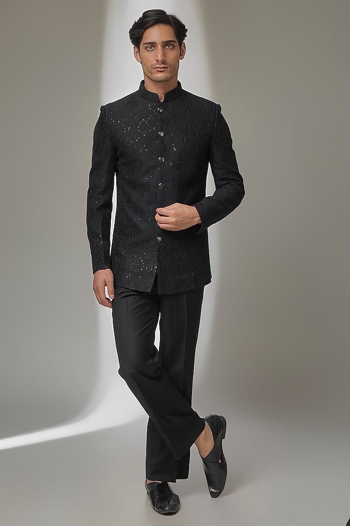 Black Silk Chanderi Embellished Wedding Bandhgala by SALIL BHATIA at Pernia's Pop Up Shop