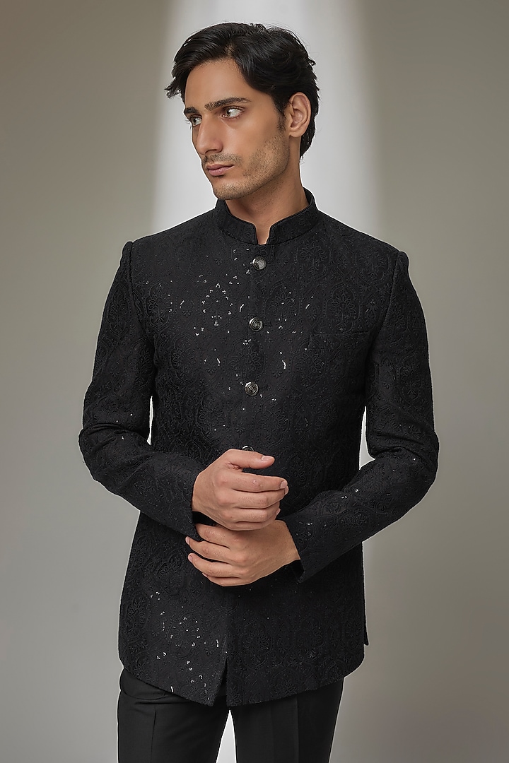 Black Silk Chanderi Embellished Wedding Bandhgala by SALIL BHATIA at Pernia's Pop Up Shop