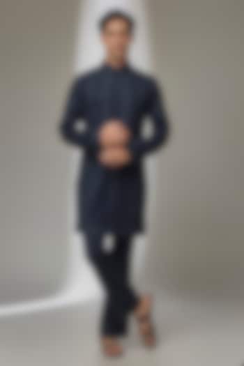 Navy Blue Japanese Fabric Dori Embroidered Kurta Set by SALIL BHATIA at Pernia's Pop Up Shop