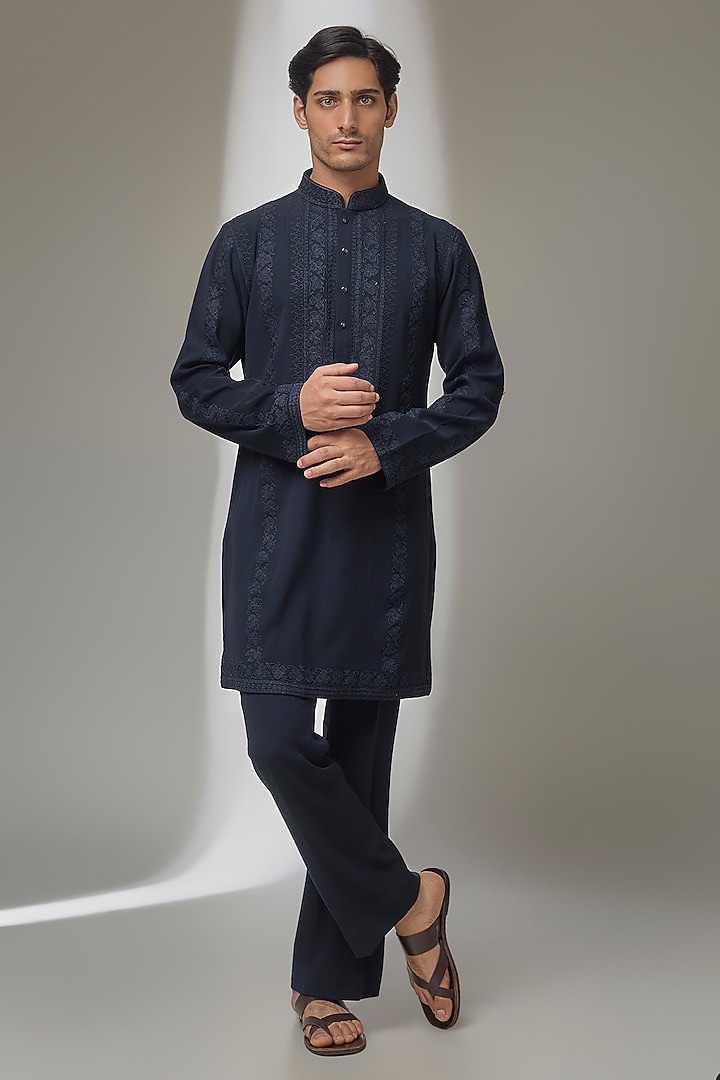 Navy Blue Japanese Fabric Dori Embroidered Kurta Set by SALIL BHATIA at Pernia's Pop Up Shop
