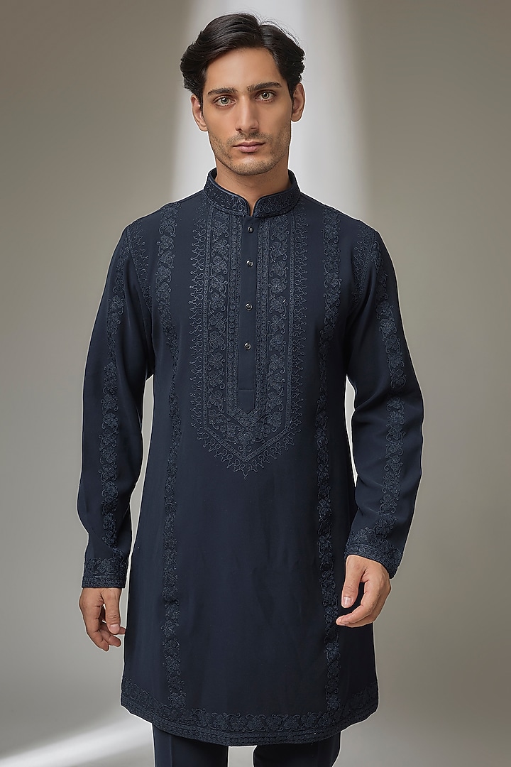 Navy Blue Japanese Fabric Dori Embroidered Kurta Set by SALIL BHATIA at Pernia's Pop Up Shop