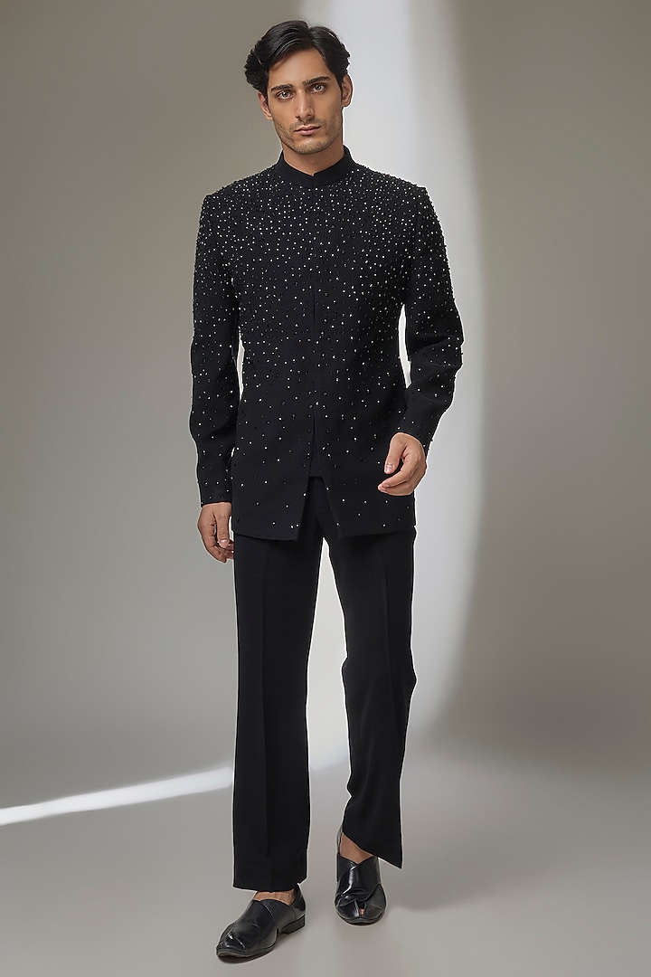 Black Japanese Fabric Hand Embroidered Wedding Bandhgala Set by SALIL BHATIA at Pernia's Pop Up Shop