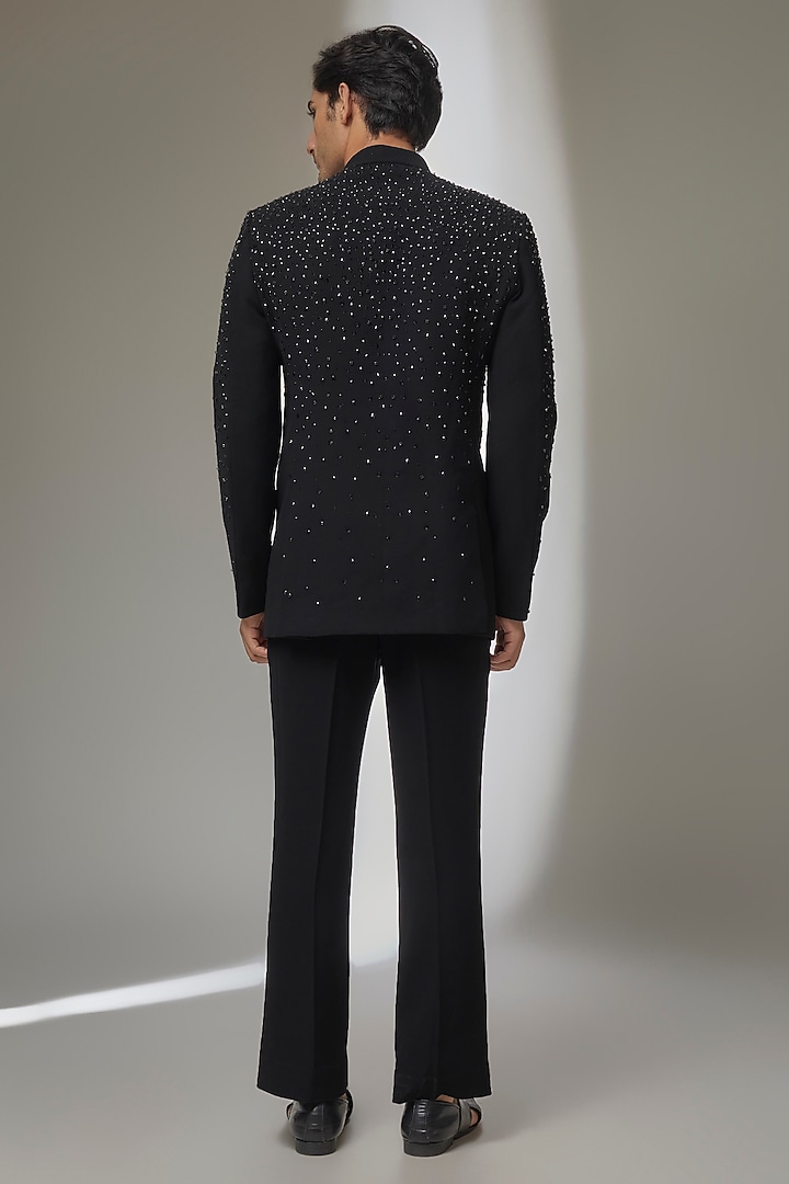 Black Japanese Fabric Hand Embroidered Wedding Bandhgala Set by SALIL BHATIA at Pernia's Pop Up Shop