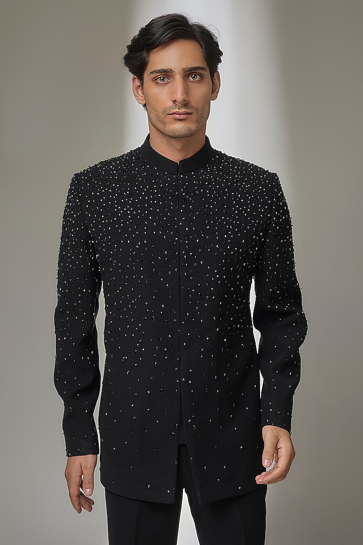 Black Japanese Fabric Hand Embroidered Wedding Bandhgala Set by SALIL BHATIA at Pernia's Pop Up Shop
