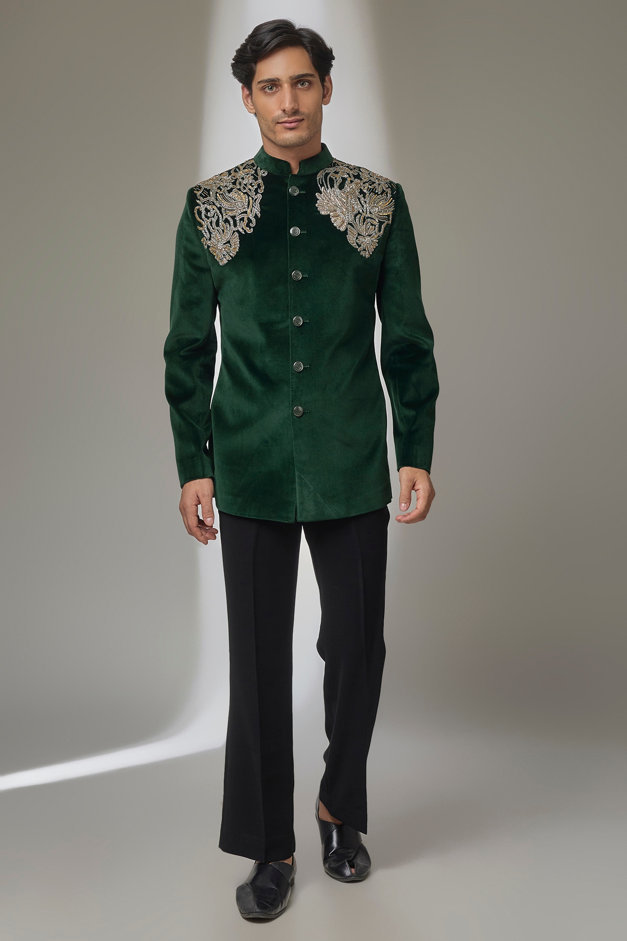 SALIL BHATIA Green Velvet Zardosi Embroidered Bandhgala Set