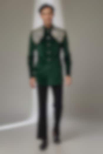 Green Velvet Zardosi Embroidered Groom Bandhgala Set by SALIL BHATIA at Pernia's Pop Up Shop