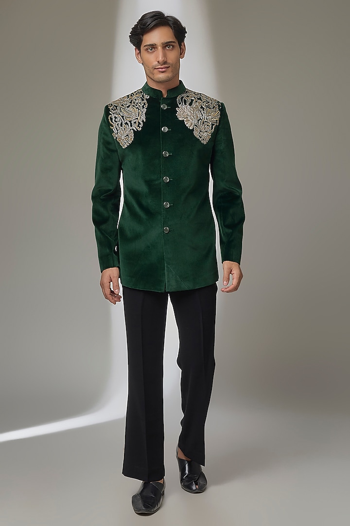 Green Velvet Zardosi Embroidered Groom Bandhgala Set by SALIL BHATIA at Pernia's Pop Up Shop