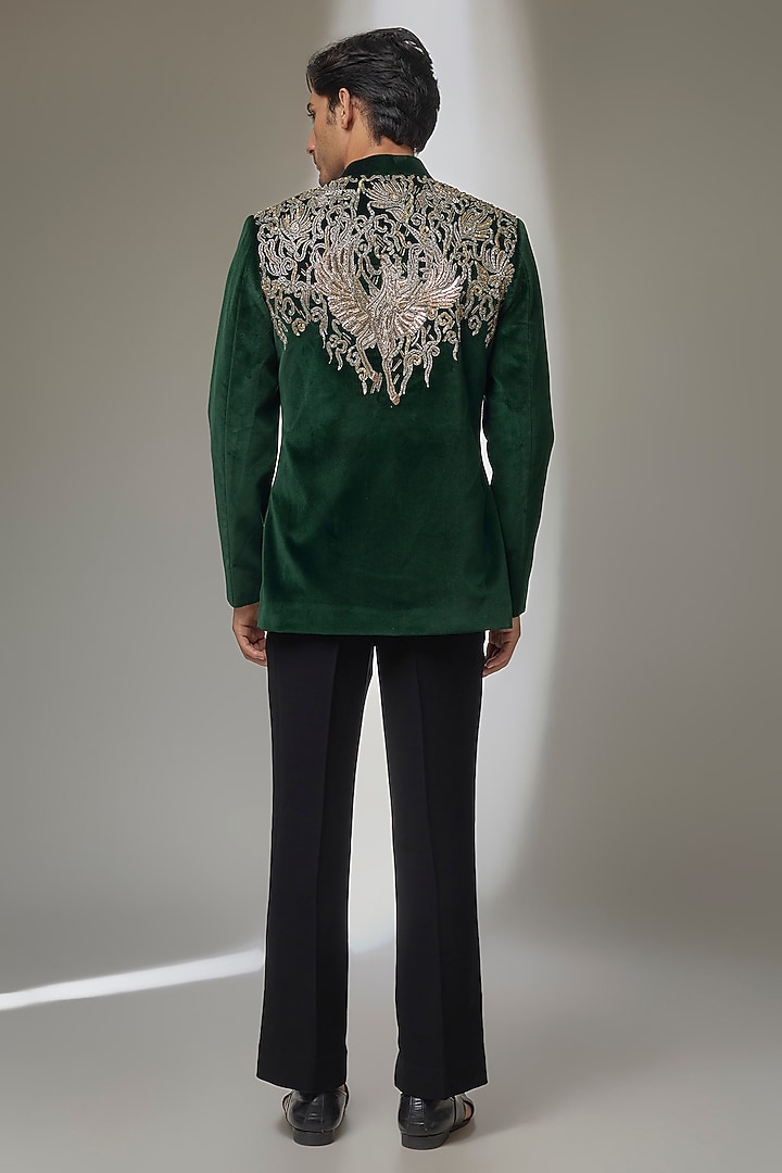Green Velvet Zardosi Embroidered Groom Bandhgala Set by SALIL BHATIA at Pernia's Pop Up Shop