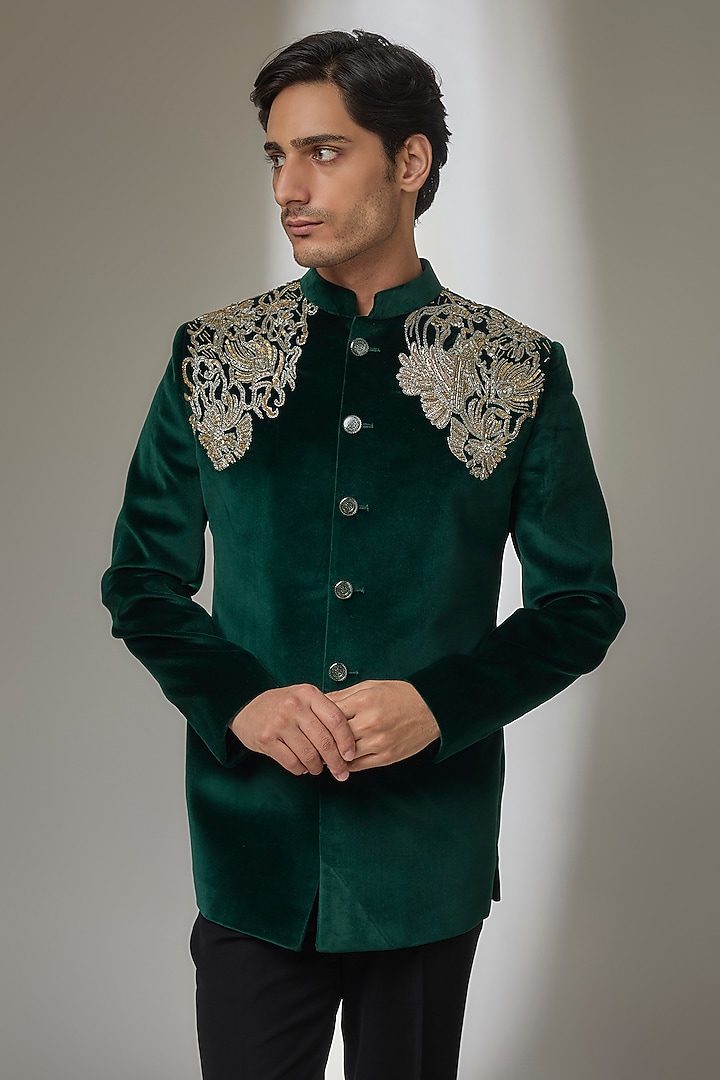 Green Velvet Zardosi Embroidered Groom Bandhgala Set by SALIL BHATIA at Pernia's Pop Up Shop