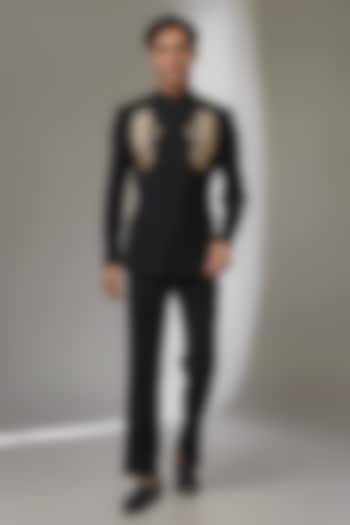 Black Japanese Fabric Hand Embroidered Wedding Bandhgala Set by SALIL BHATIA at Pernia's Pop Up Shop