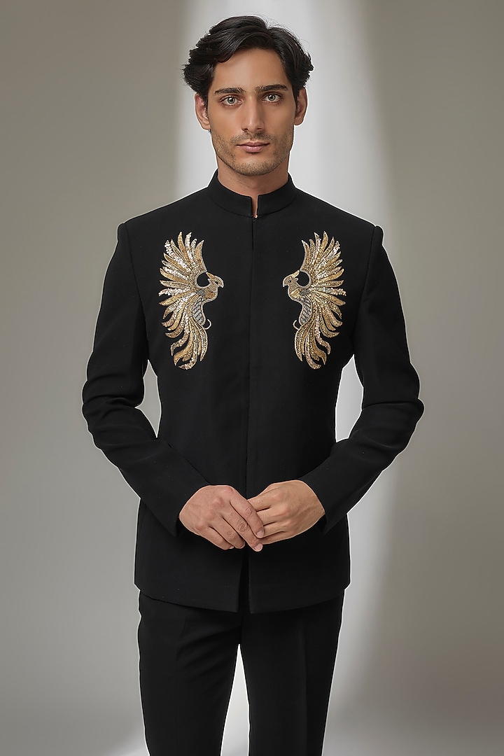Black Japanese Fabric Hand Embroidered Wedding Bandhgala Set by SALIL BHATIA at Pernia's Pop Up Shop