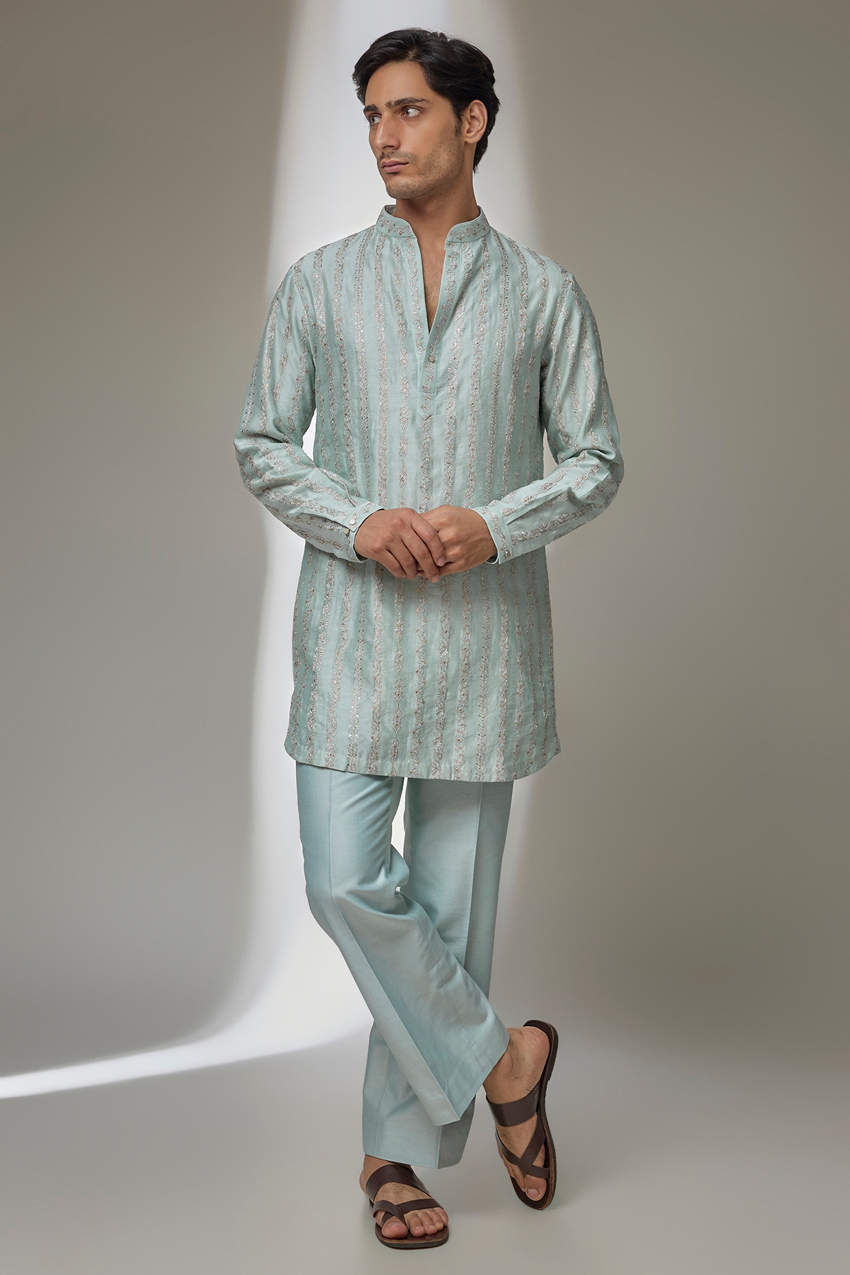 SALIL BHATIA Ice Blue Silk Chanderi Sequins Embroidered Short Kurta Set