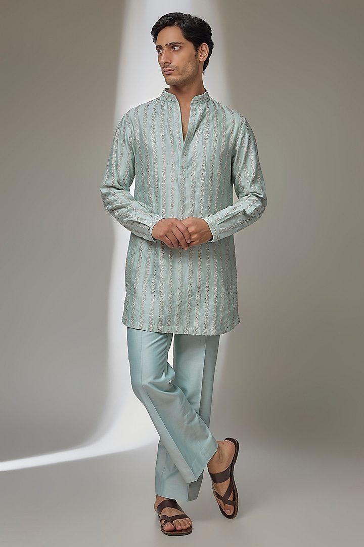 Ice Blue Silk Chanderi Sequins Embroidered Short Kurta Set by SALIL BHATIA at Pernia's Pop Up Shop