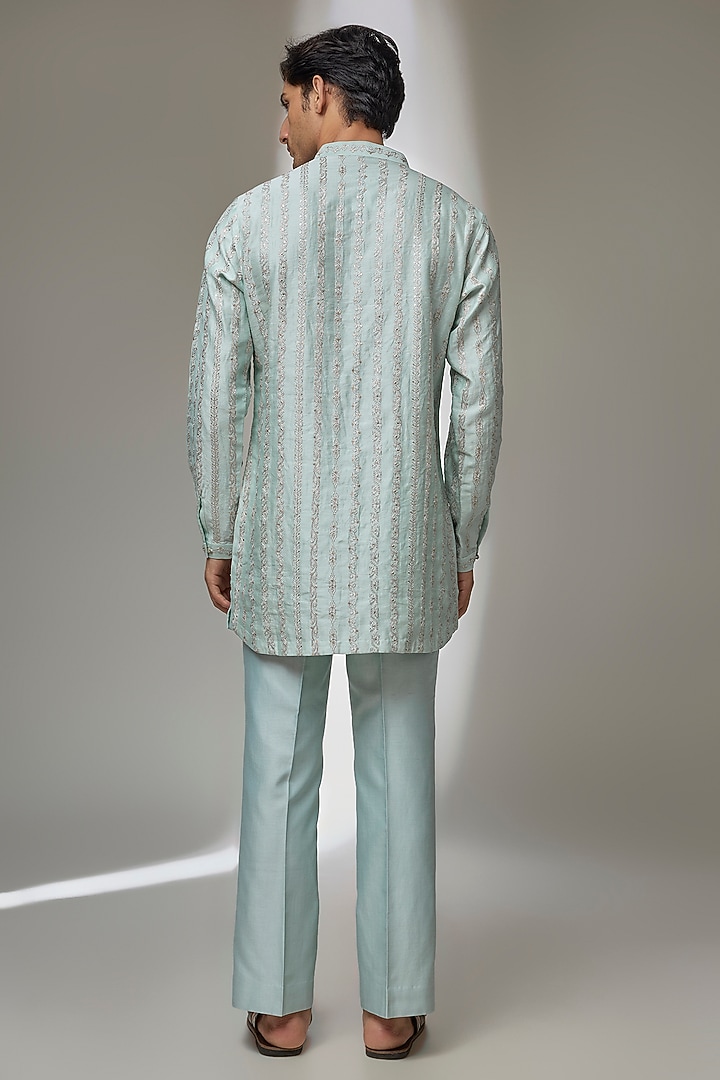 Ice Blue Silk Chanderi Sequins Embroidered Short Kurta Set by SALIL BHATIA at Pernia's Pop Up Shop