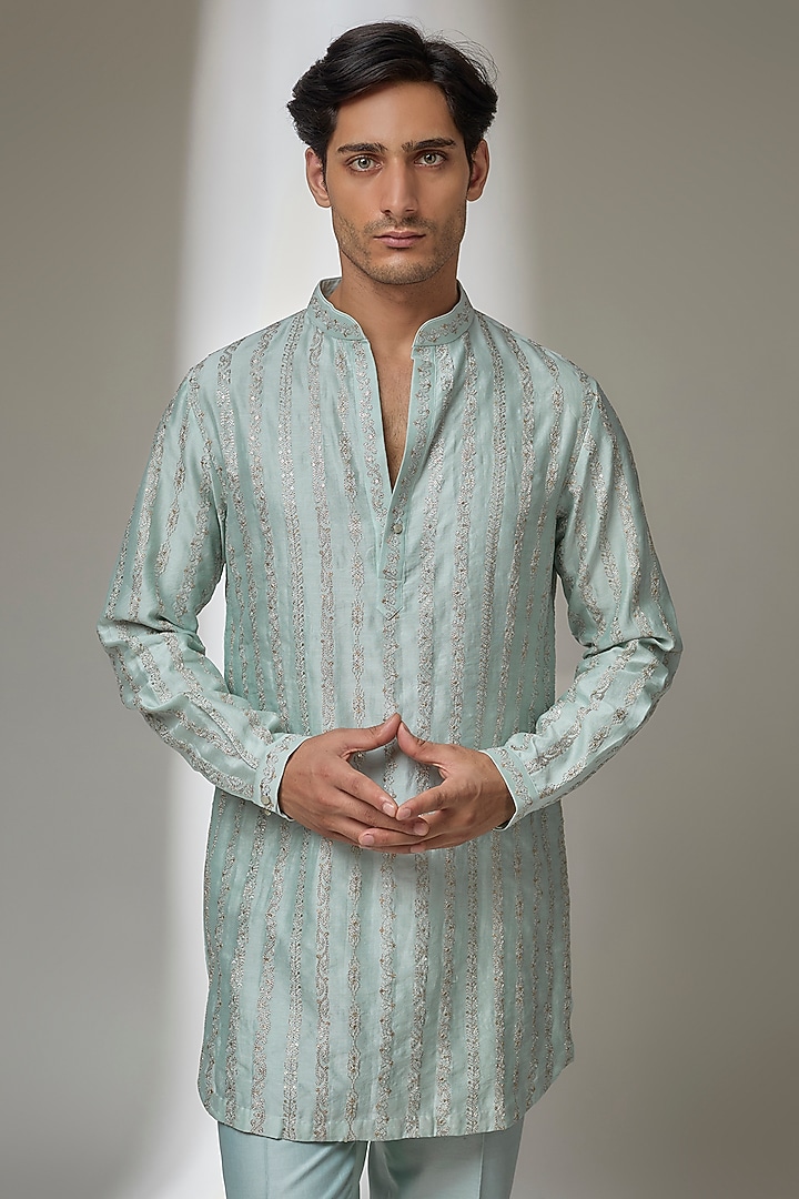 Ice Blue Silk Chanderi Sequins Embroidered Short Kurta Set by SALIL BHATIA at Pernia's Pop Up Shop