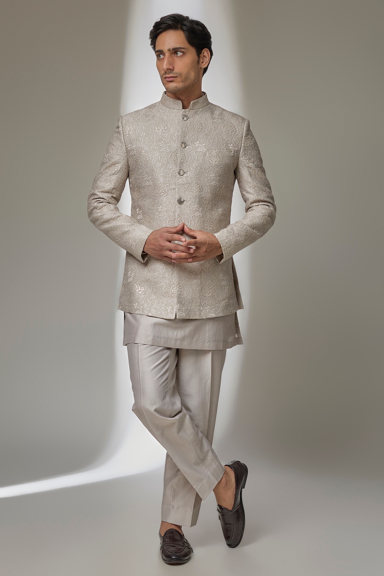 SALIL BHATIA Oyster Beige Dola Silk Zari Embroidered Bandhgala Set