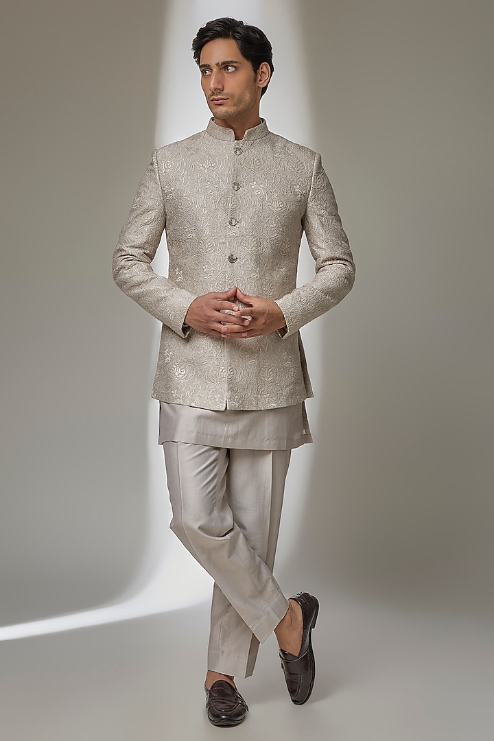 Oyster Beige Dola Silk Zari Embroidered Wedding Bandhgala Set by SALIL BHATIA at Pernia's Pop Up Shop