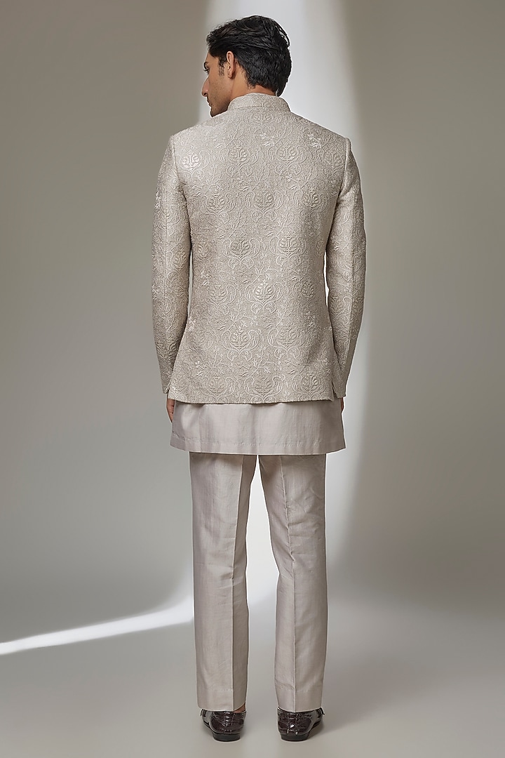 Oyster Beige Dola Silk Zari Embroidered Wedding Bandhgala Set by SALIL BHATIA at Pernia's Pop Up Shop