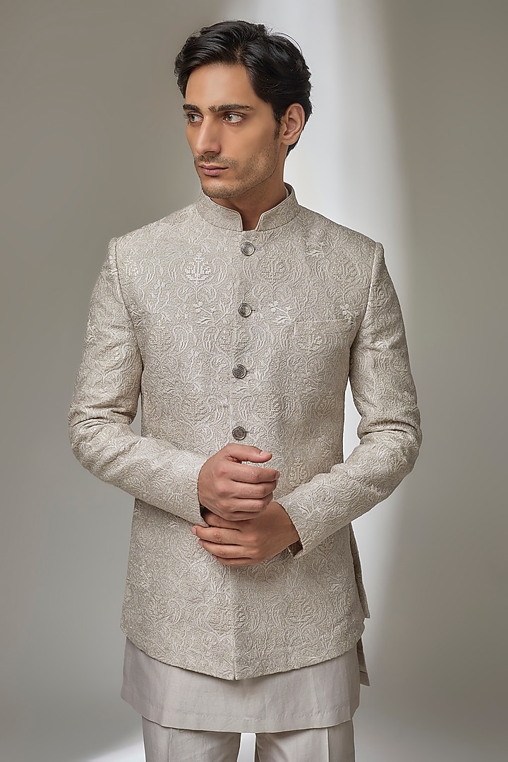 Oyster Beige Dola Silk Zari Embroidered Wedding Bandhgala Set by SALIL BHATIA at Pernia's Pop Up Shop