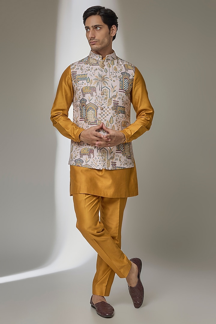 Multi-Colored Dola Silk Zari Embellished Nehru Jacket Set by SALIL BHATIA at Pernia's Pop Up Shop