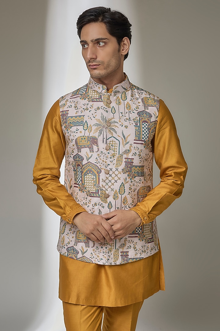 Multi-Colored Dola Silk Zari Embellished Nehru Jacket Set by SALIL BHATIA at Pernia's Pop Up Shop