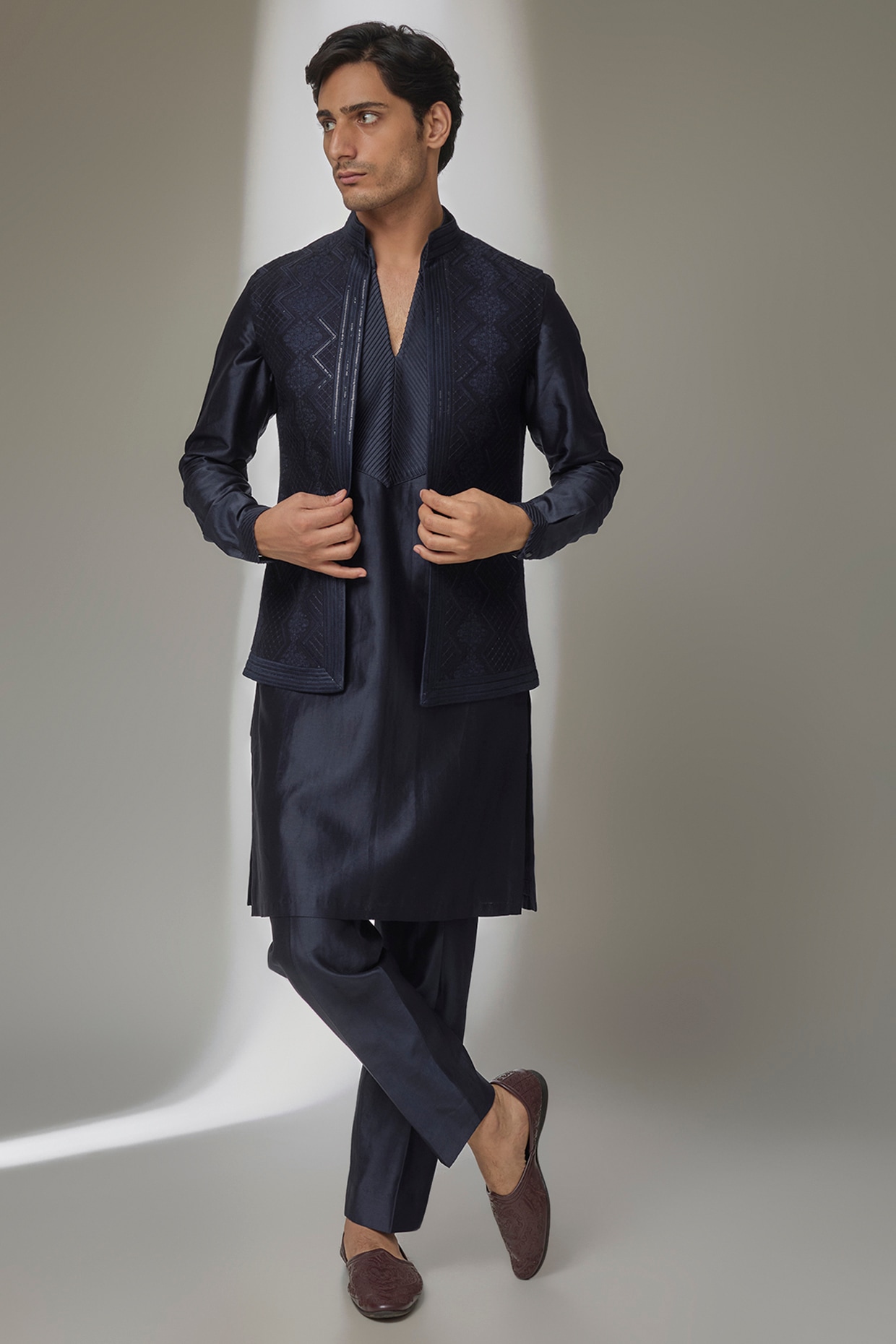 SALIL BHATIA Navy Blue Dola Silk Thread Embellished Open Nehru Jacket Set