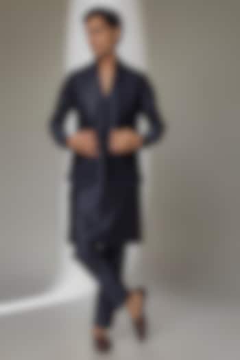 Navy Blue Dola Silk Thread Embellished Open Nehru Jacket Set by SALIL BHATIA at Pernia's Pop Up Shop